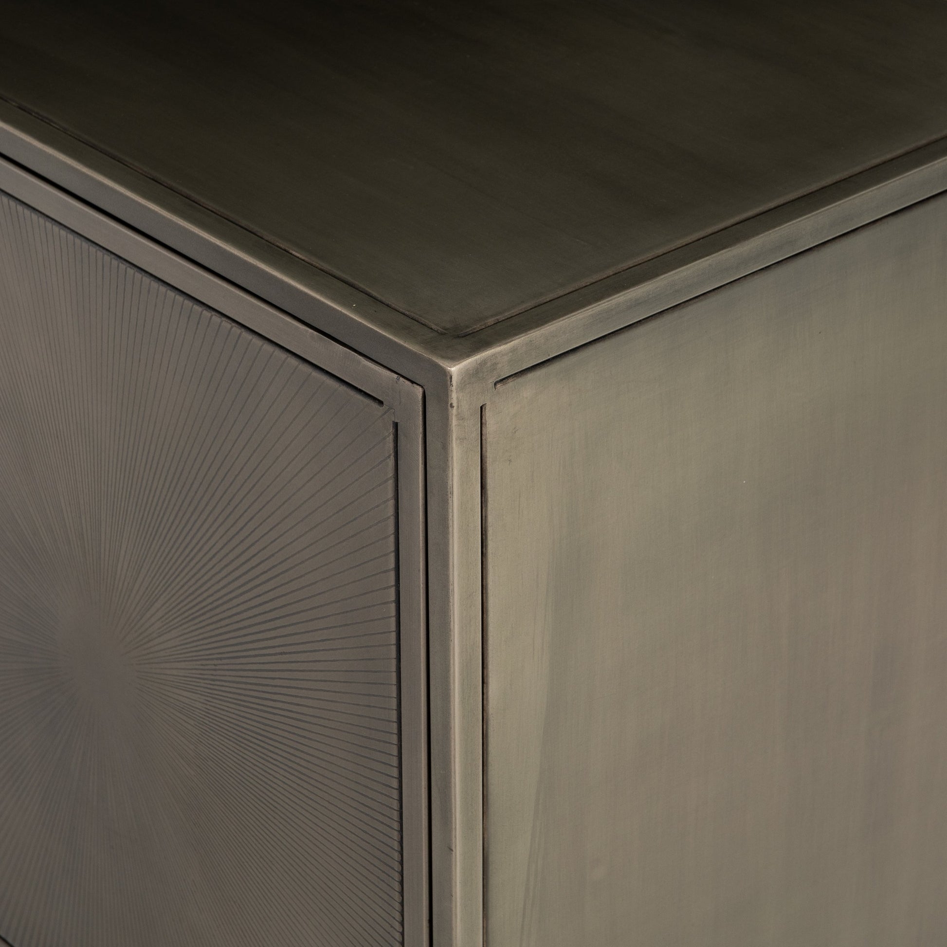 Sunburst Sideboard by Four Hands in sunburst etched aged brass, gunmetal, aged brass and sunburst etched aged brass pc, gunmetal, aged brass pc. Made from iron in a modern style.