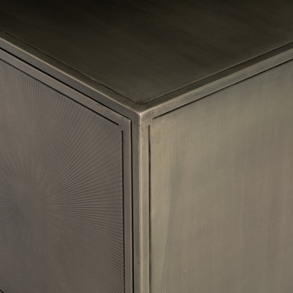 Sunburst Sideboard by Four Hands in sunburst etched aged brass, gunmetal, aged brass and sunburst etched aged brass pc, gunmetal, aged brass pc. Made from iron in a modern style.