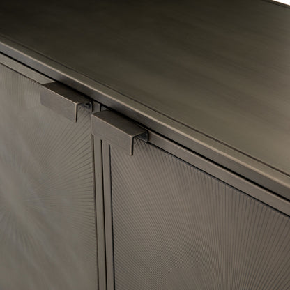 Sunburst Sideboard by Four Hands in sunburst etched aged brass, gunmetal, aged brass and sunburst etched aged brass pc, gunmetal, aged brass pc. Made from iron in a modern style.