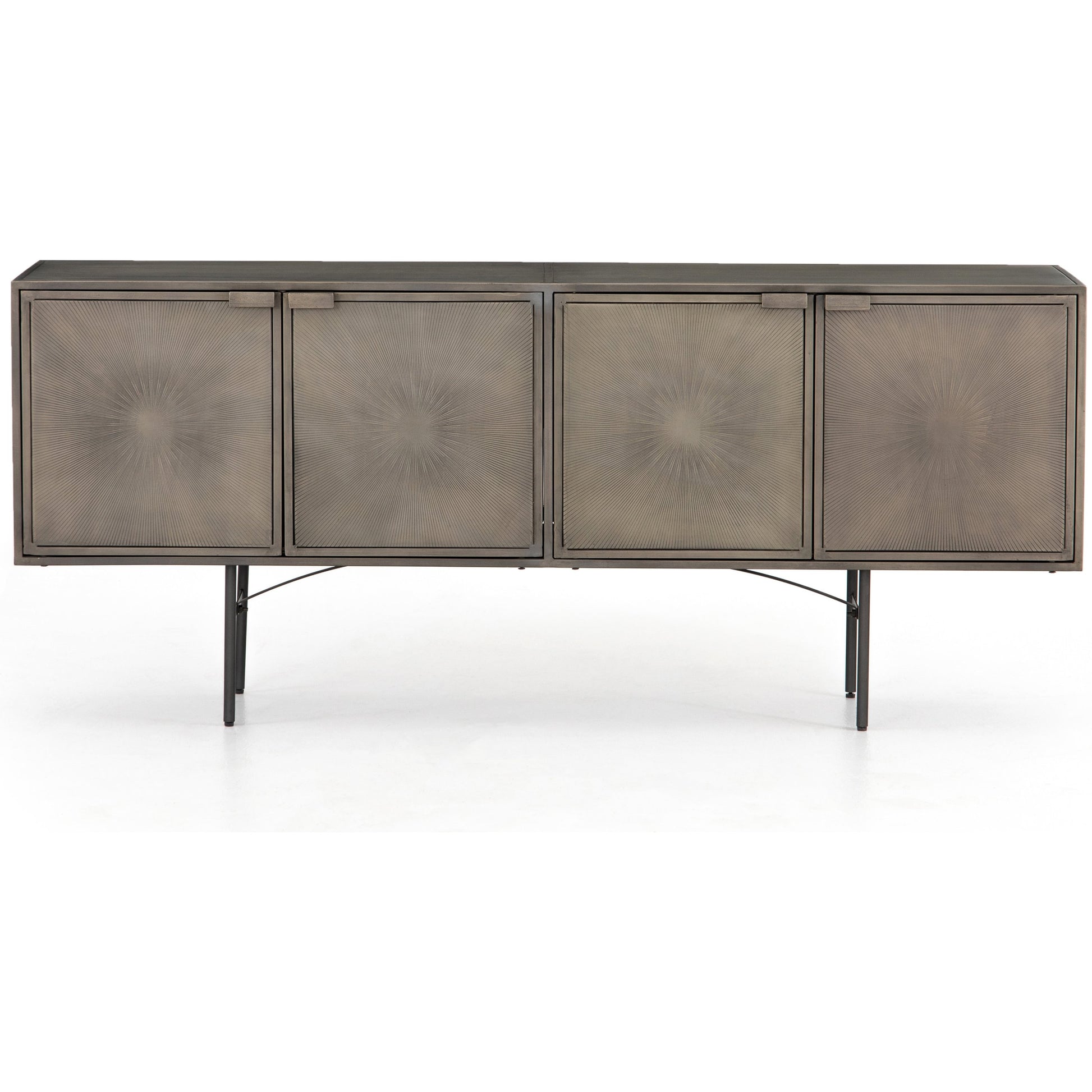 Sunburst Sideboard by Four Hands in sunburst etched aged brass, gunmetal, aged brass and sunburst etched aged brass pc, gunmetal, aged brass pc. Made from iron in a modern style.