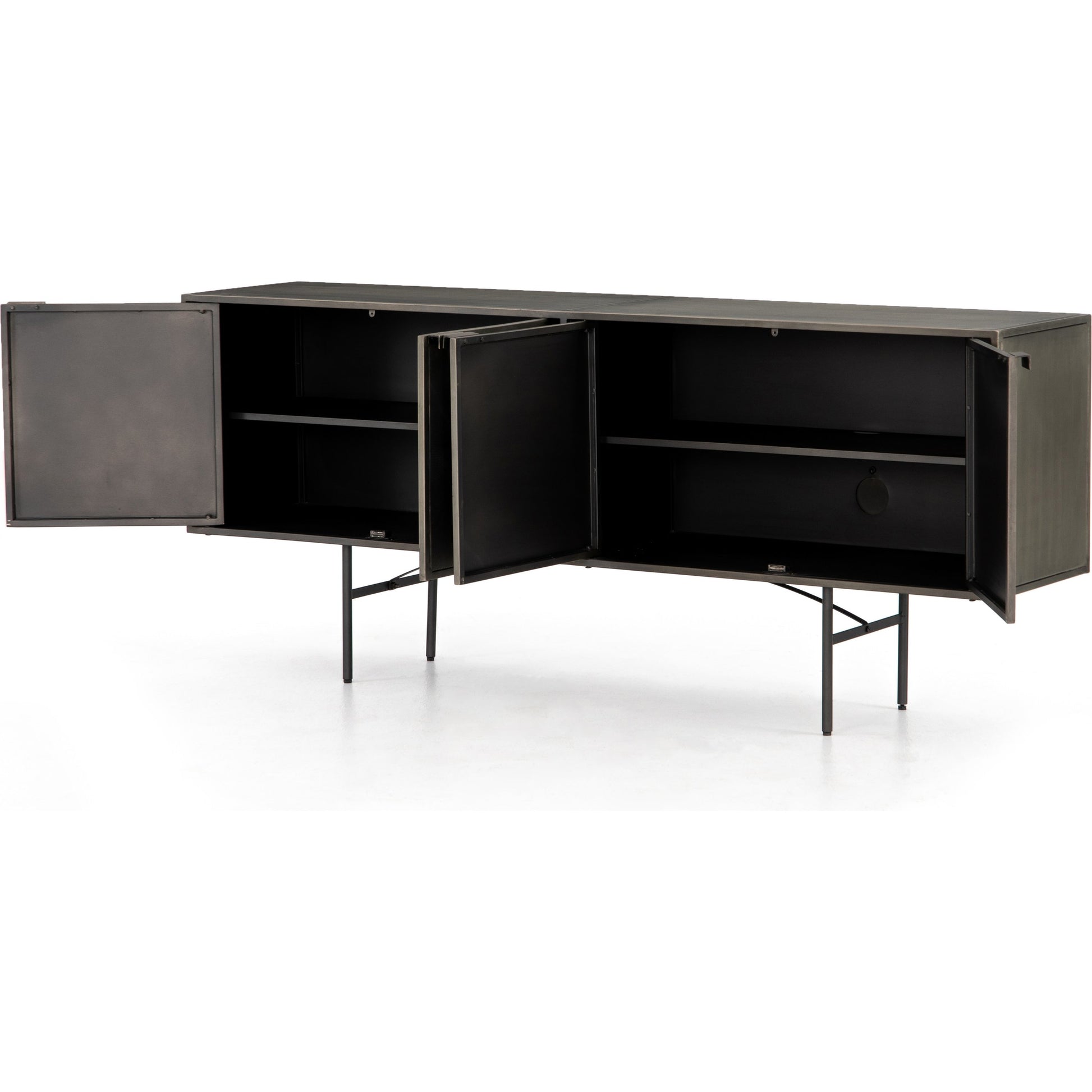Sunburst Sideboard by Four Hands in sunburst etched aged brass, gunmetal, aged brass and sunburst etched aged brass pc, gunmetal, aged brass pc. Made from iron in a modern style.