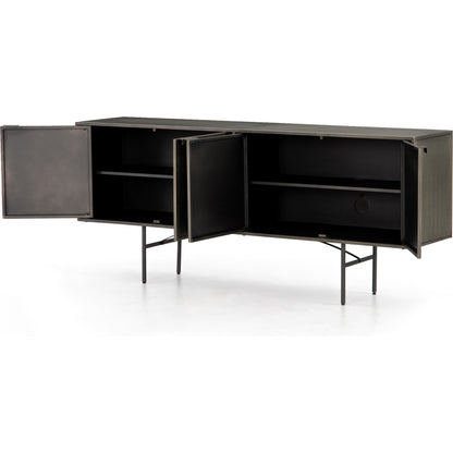 Sunburst Sideboard by Four Hands in sunburst etched aged brass, gunmetal, aged brass and sunburst etched aged brass pc, gunmetal, aged brass pc. Made from iron in a modern style.