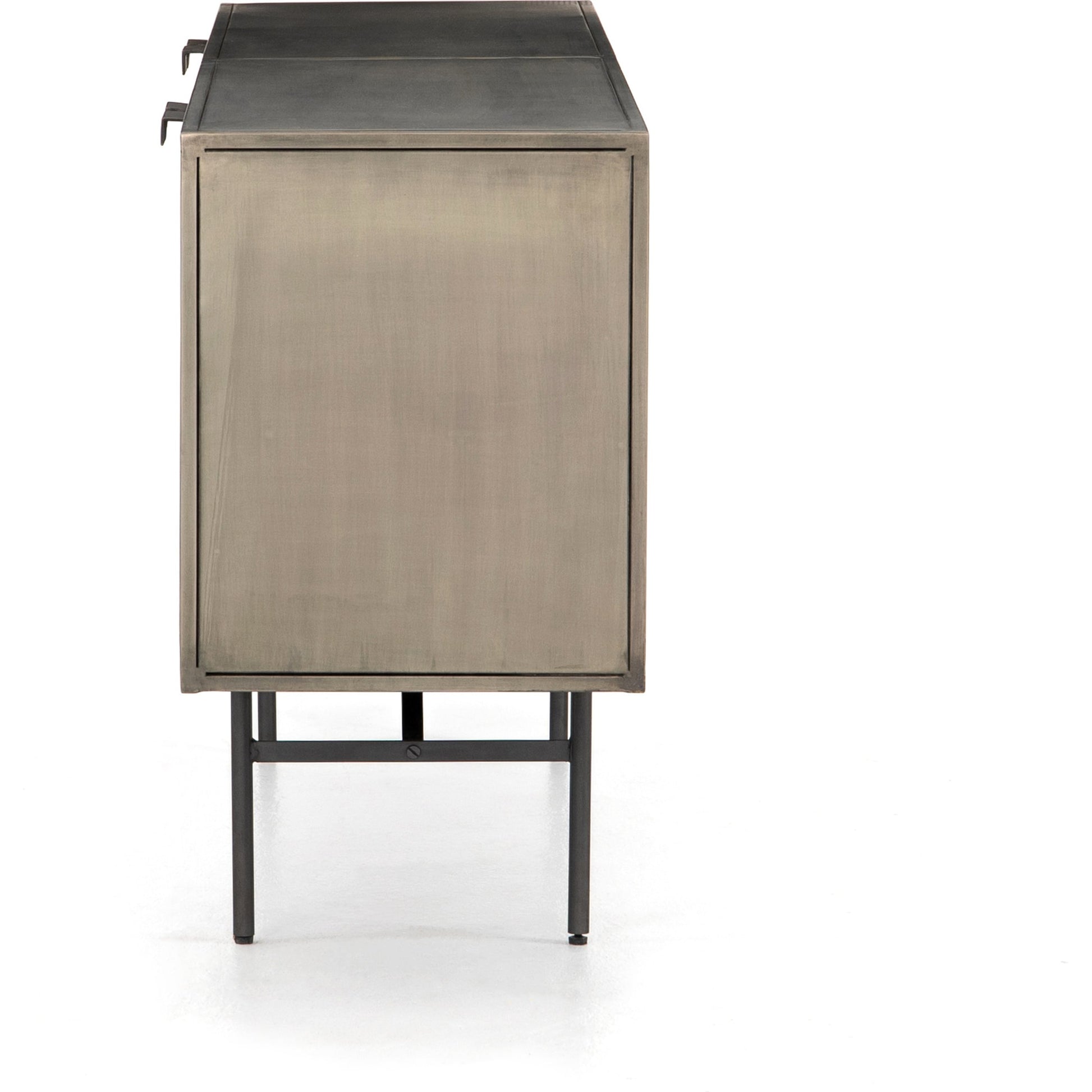 Sunburst Sideboard by Four Hands in sunburst etched aged brass, gunmetal, aged brass and sunburst etched aged brass pc, gunmetal, aged brass pc. Made from iron in a modern style.
