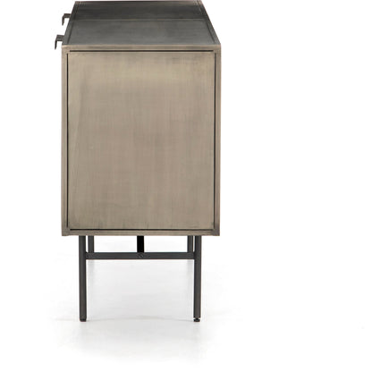 Sunburst Sideboard by Four Hands in sunburst etched aged brass, gunmetal, aged brass and sunburst etched aged brass pc, gunmetal, aged brass pc. Made from iron in a modern style.