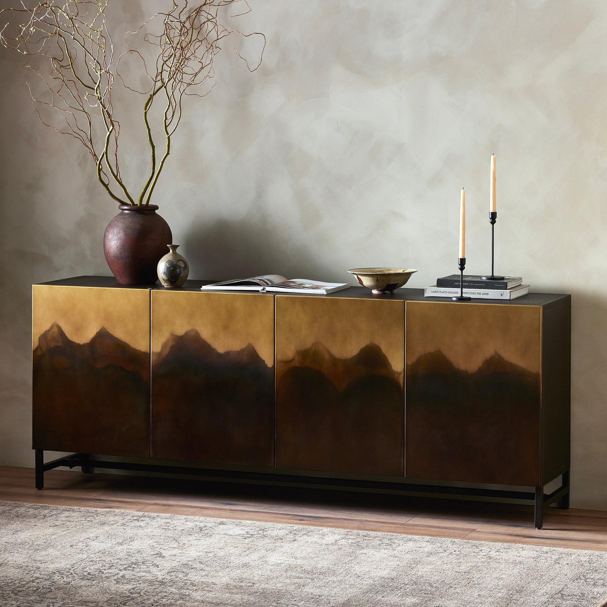 Stormy Sideboard by Four Hands in distressed ombre, aged brown and distressed ombre. Made from iron in a eclectic & global style.