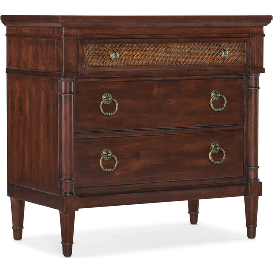 Charleston Three-Drawer Nightstand by Hooker Furniture in maraschino cherry. Made from cherry veneers, cane, metal ferrules, solid-wood edge top in a traditional style.