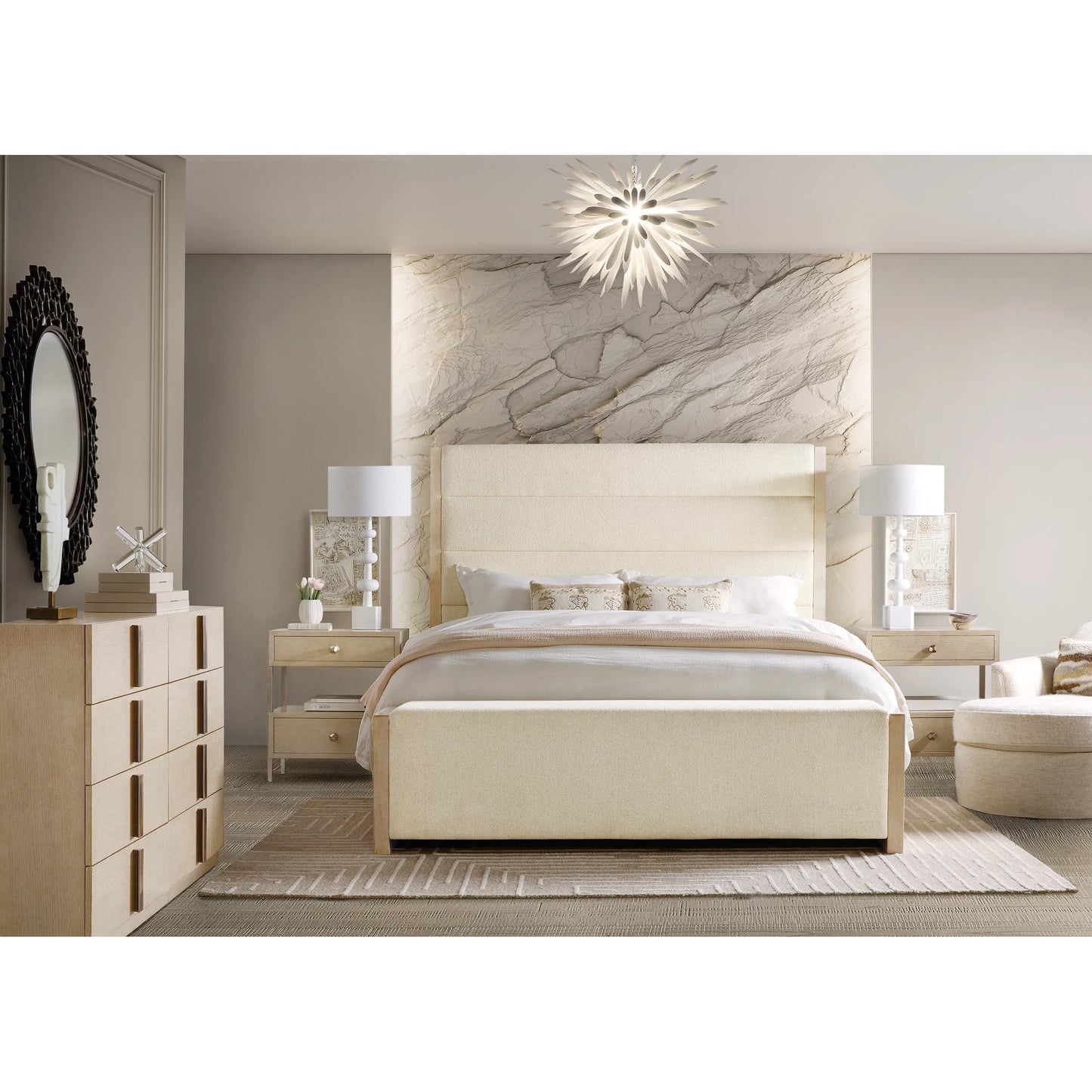 004 SI-2353979 | Lifestyle | Westwood Eight-Drawer Dresser by Hooker Furniture in light wood and polished limestone. Made from oak veneers in a transitional style.