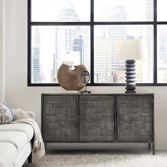 3-Door Metal Sideboard by Pulaski Furniture in gray and metal. Made from mango wood in a unique style.