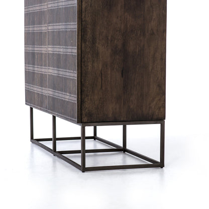 Kelby Cabinet by Four Hands in gunmetal, carved vintage brown, vintage brown. Made from solid mango, iron in a modern style.