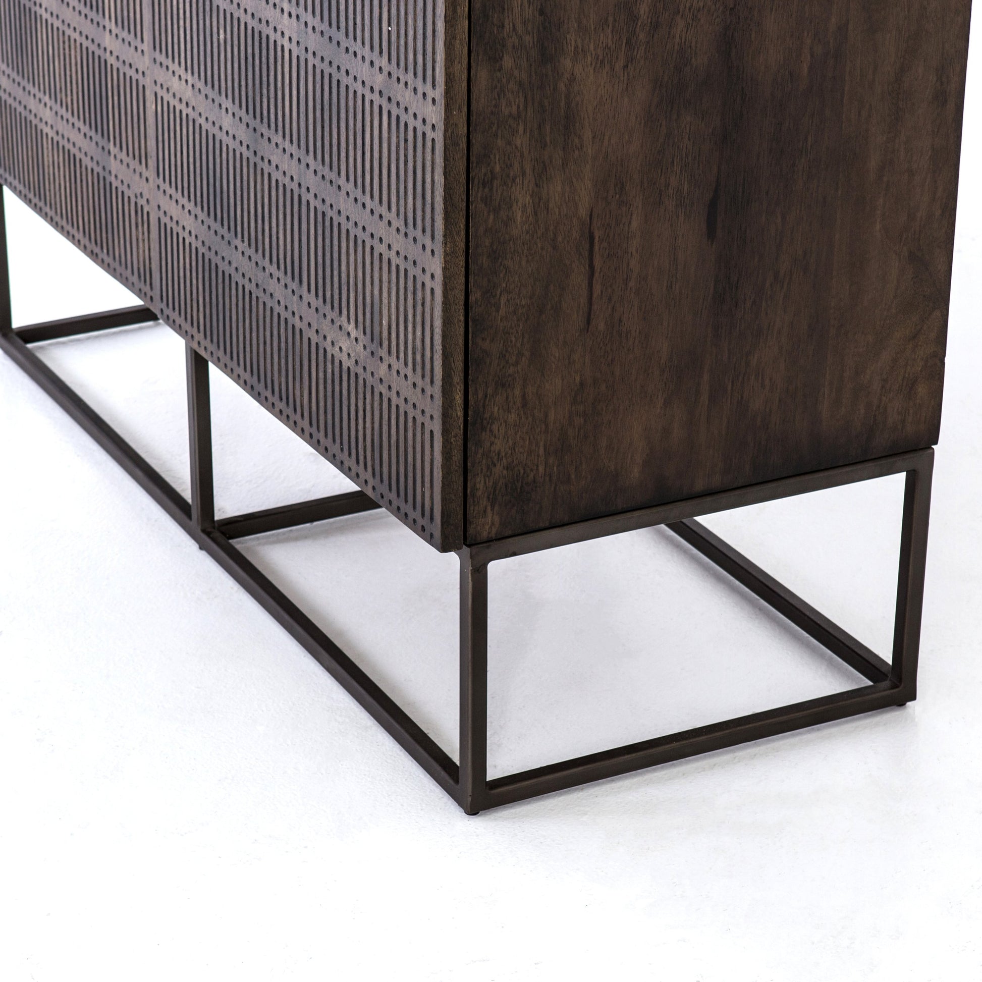 Kelby Cabinet by Four Hands in gunmetal, carved vintage brown, vintage brown. Made from solid mango, iron in a modern style.