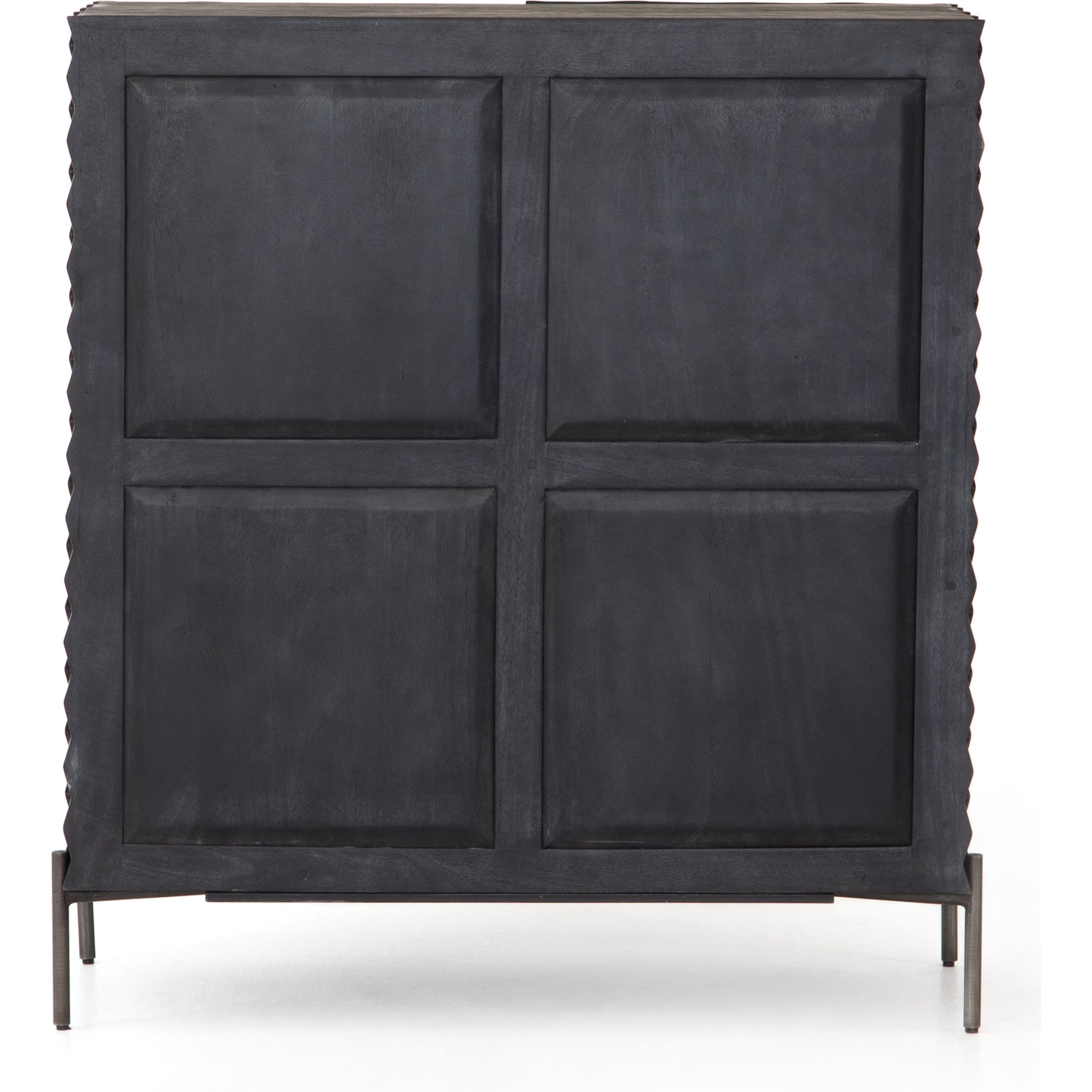 Raffael Bar Cabinet by Four Hands in carved stonewash grey. Made from solid mango, iron in a eclectic & global style.