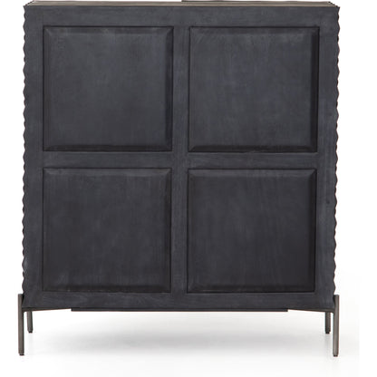 Raffael Bar Cabinet by Four Hands in carved stonewash grey. Made from solid mango, iron in a eclectic & global style.