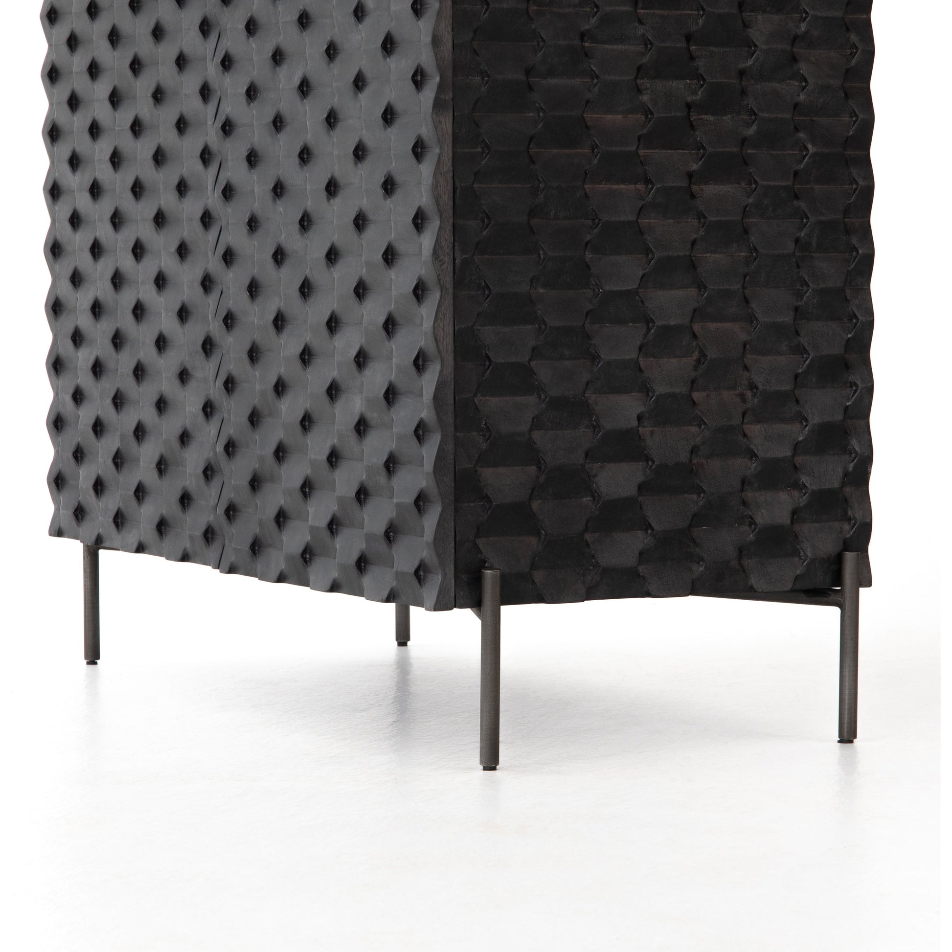 Raffael Bar Cabinet by Four Hands in carved stonewash grey. Made from solid mango, iron in a eclectic & global style.