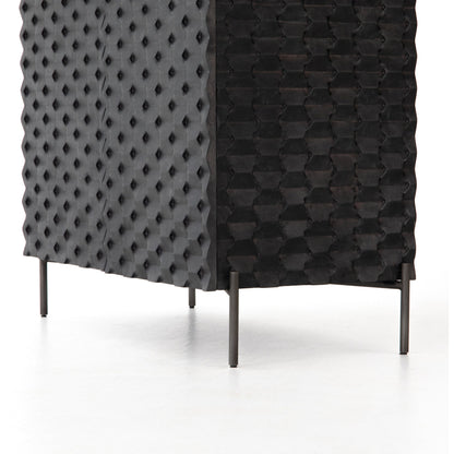 Raffael Bar Cabinet by Four Hands in carved stonewash grey. Made from solid mango, iron in a eclectic & global style.