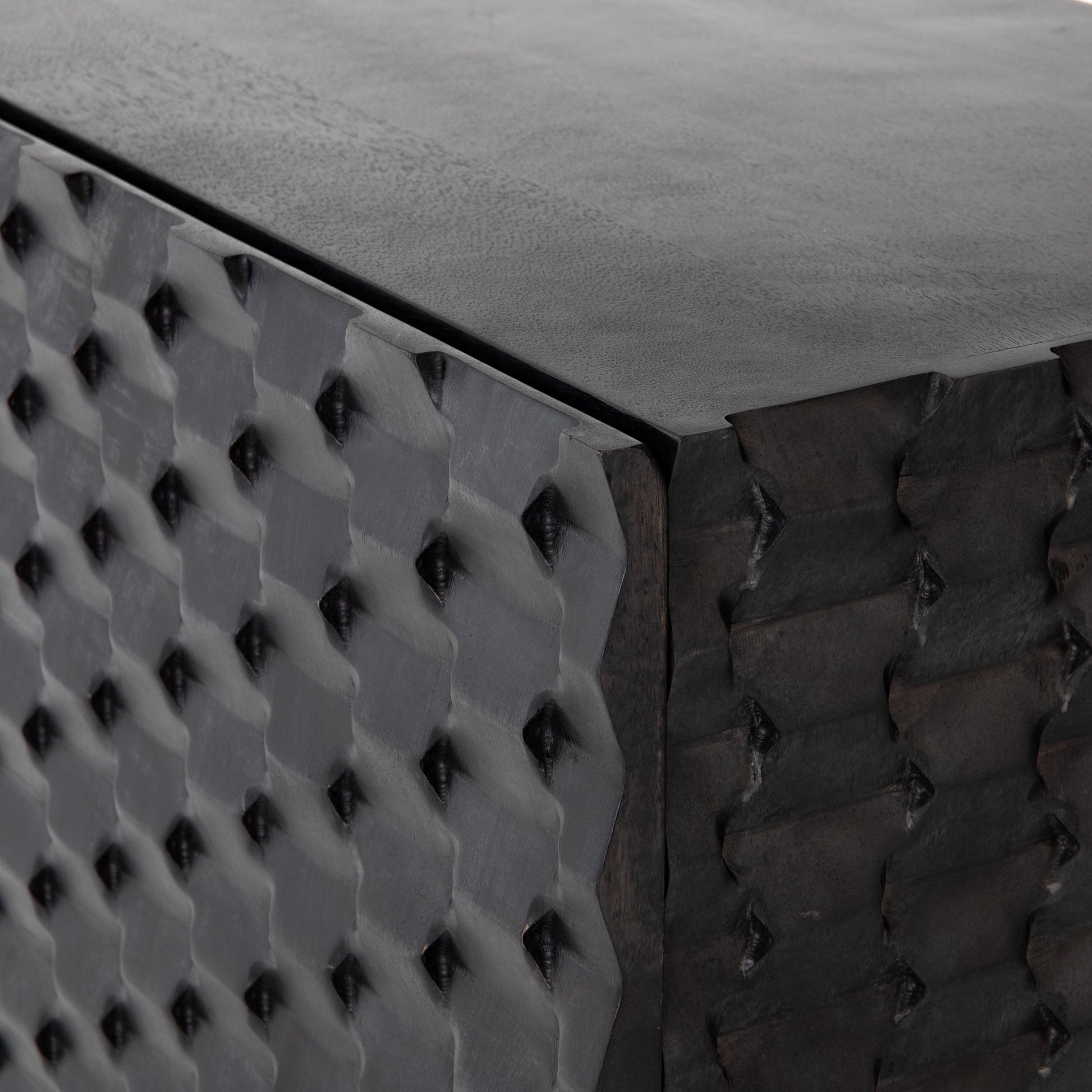 Raffael Bar Cabinet by Four Hands in carved stonewash grey. Made from solid mango, iron in a eclectic & global style.