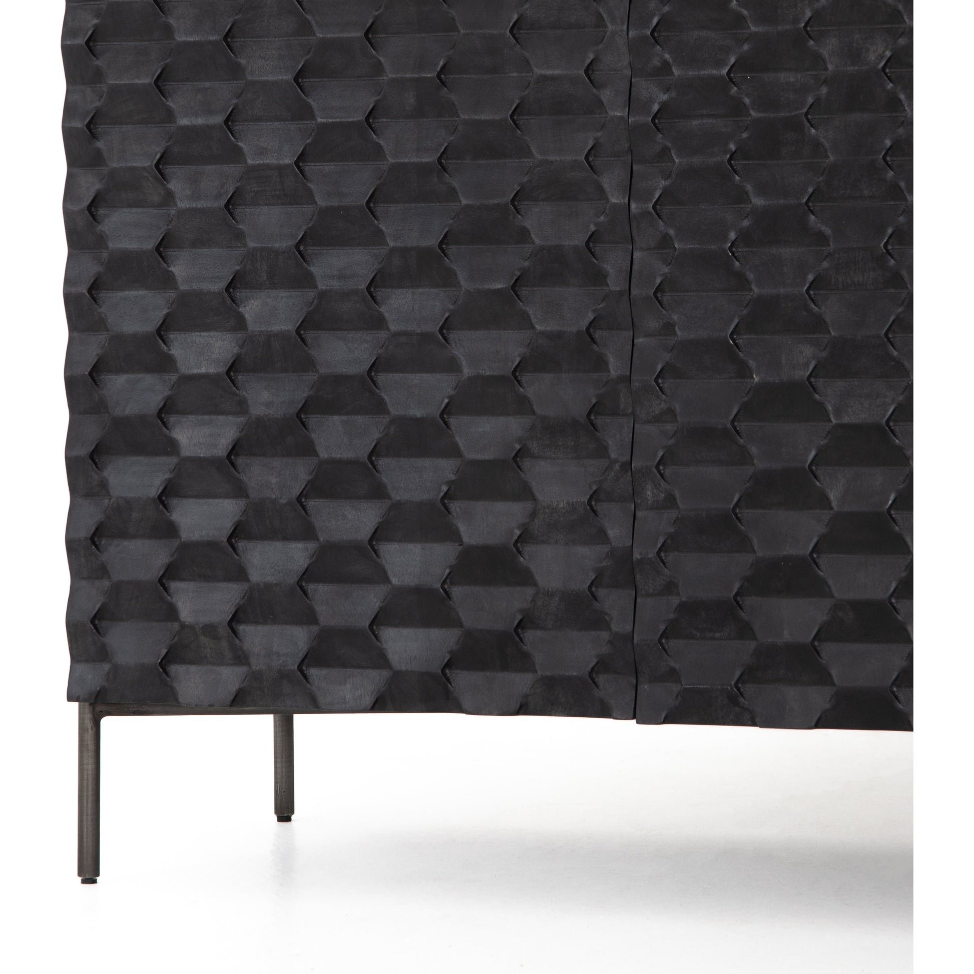 Raffael Bar Cabinet by Four Hands in carved stonewash grey. Made from solid mango, iron in a eclectic & global style.