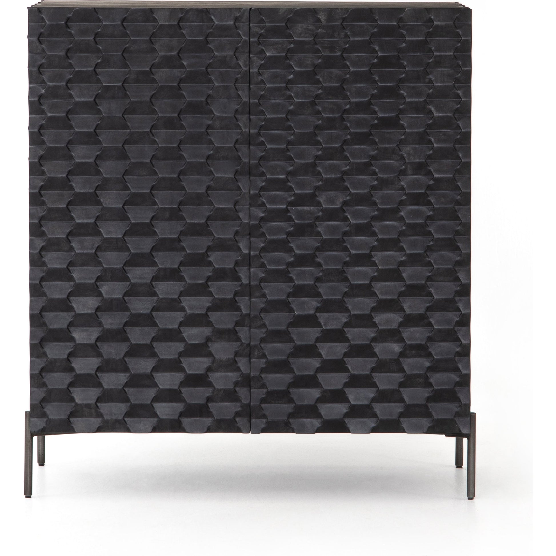 Raffael Bar Cabinet by Four Hands in carved stonewash grey. Made from solid mango, iron in a eclectic & global style.