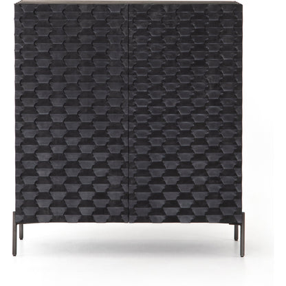 Raffael Bar Cabinet by Four Hands in carved stonewash grey. Made from solid mango, iron in a eclectic & global style.