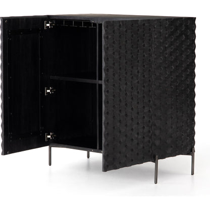 Raffael Bar Cabinet by Four Hands in carved stonewash grey. Made from solid mango, iron in a eclectic & global style.