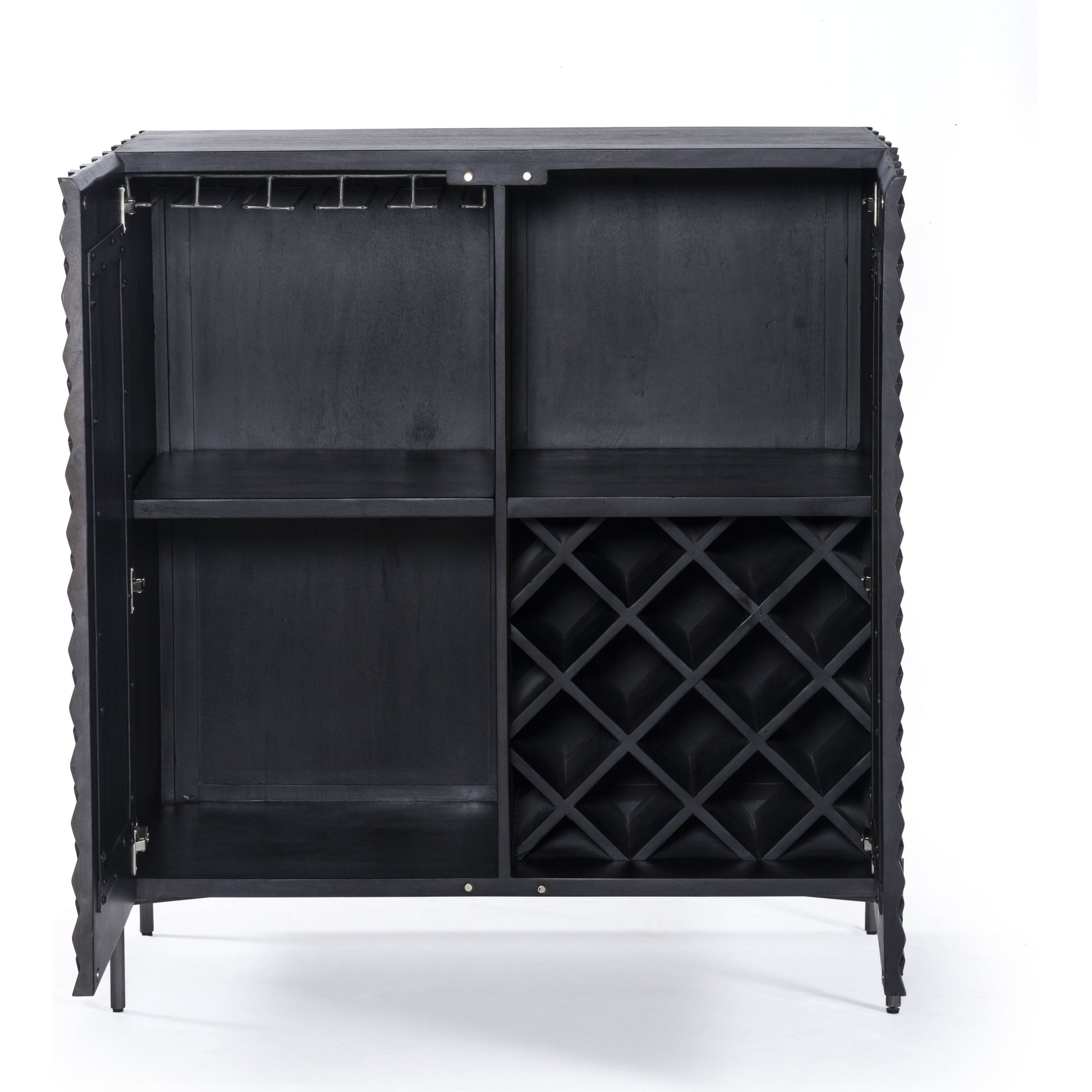 Raffael Bar Cabinet by Four Hands in carved stonewash grey. Made from solid mango, iron in a eclectic & global style.