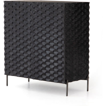 Raffael Bar Cabinet by Four Hands in carved stonewash grey. Made from solid mango, iron in a eclectic & global style.