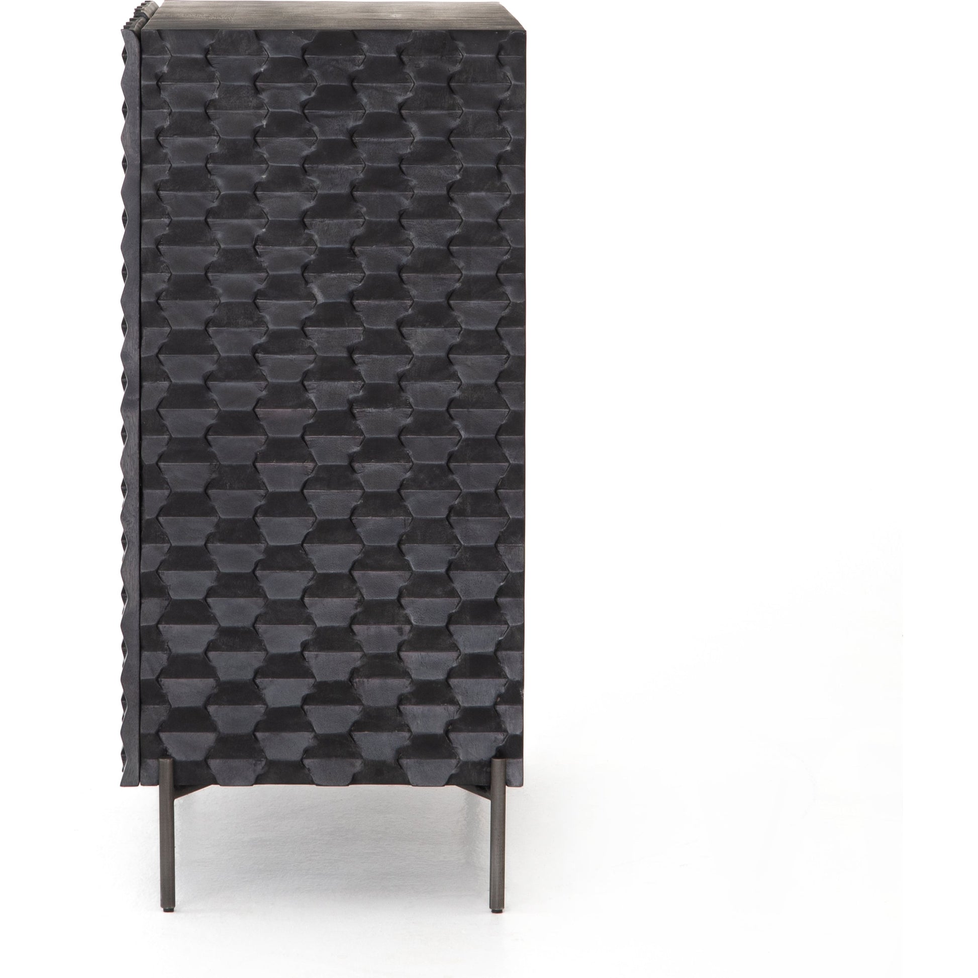 Raffael Bar Cabinet by Four Hands in carved stonewash grey. Made from solid mango, iron in a eclectic & global style.