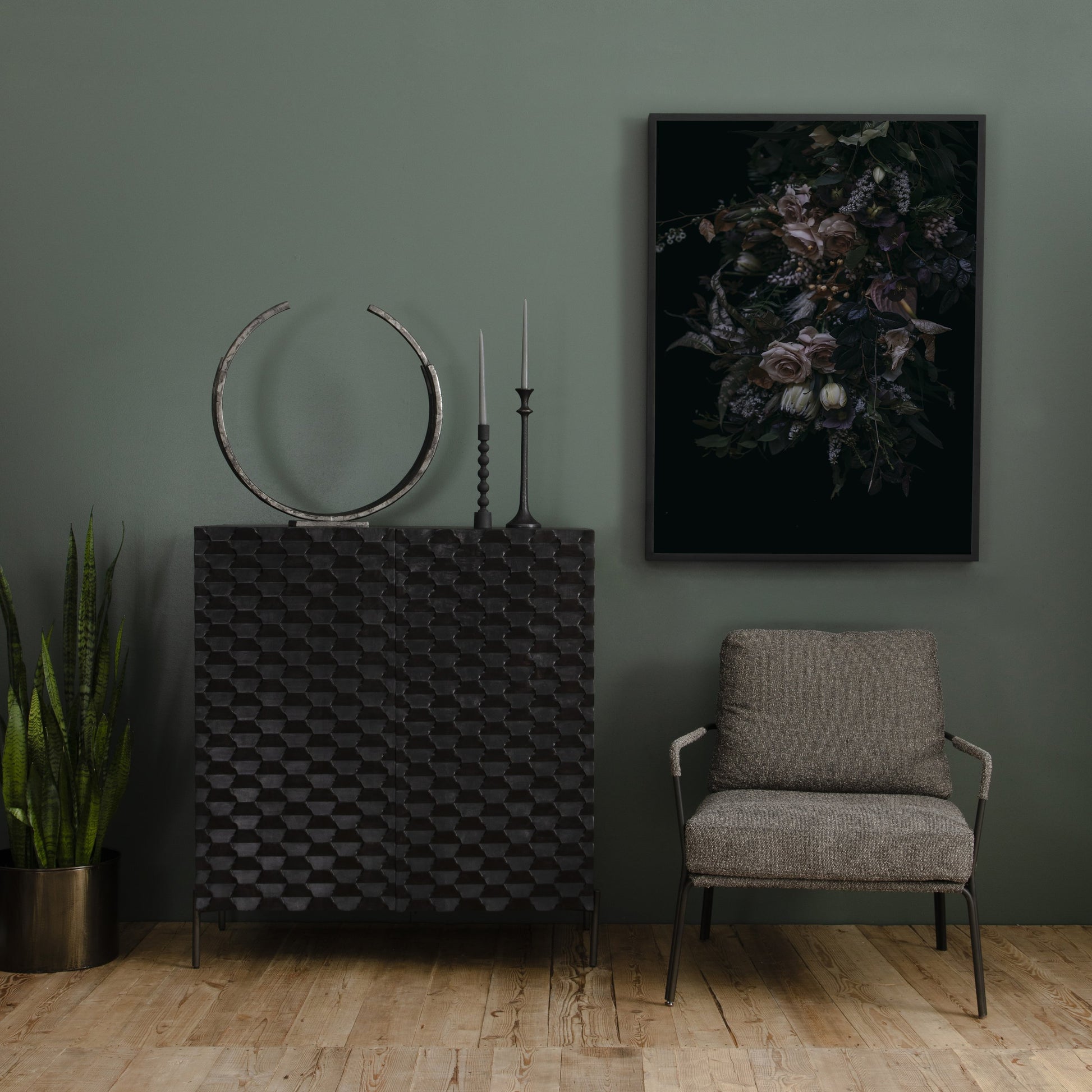 Raffael Bar Cabinet by Four Hands in carved stonewash grey. Made from solid mango, iron in a eclectic & global style.