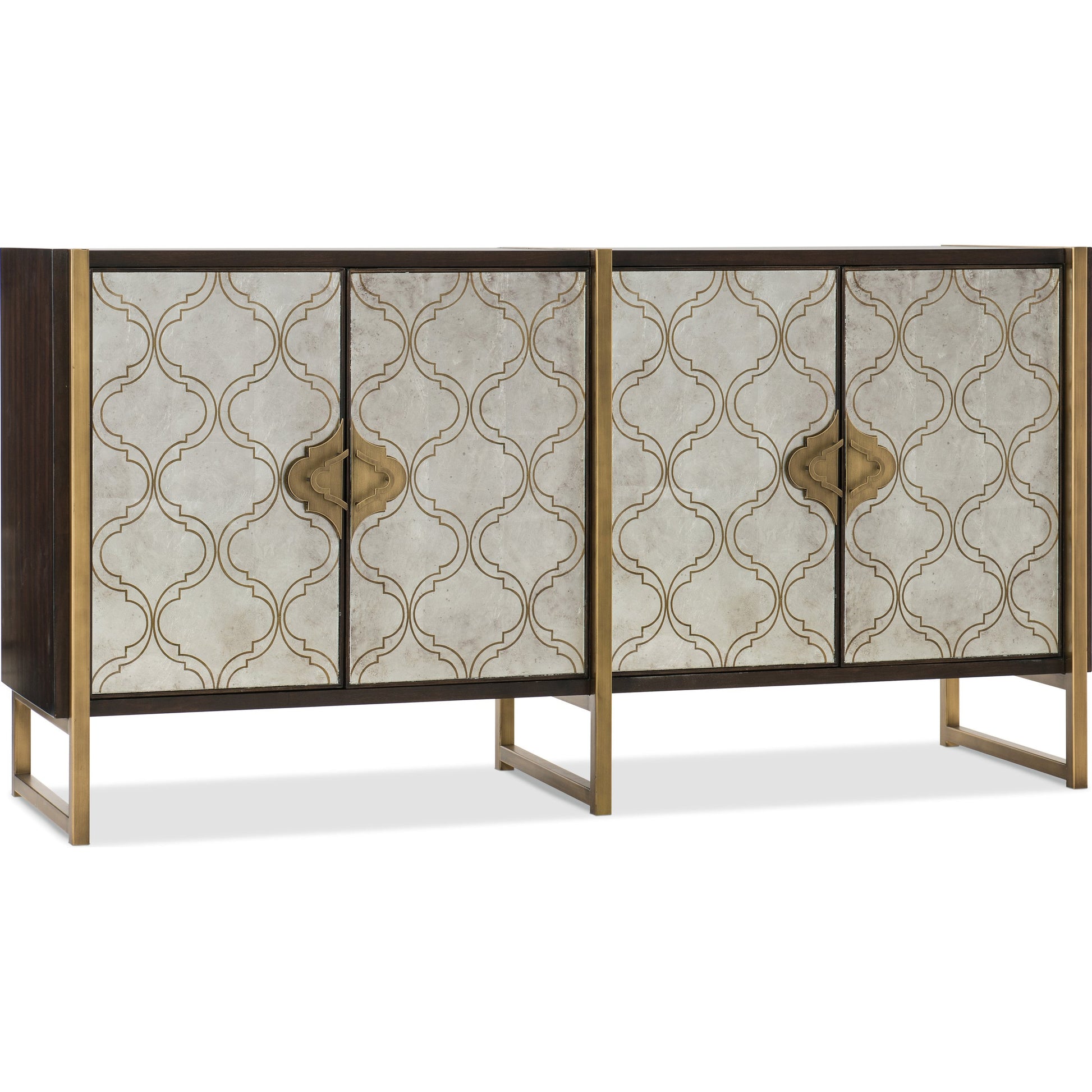 Classic Credenza by Hooker Furniture in dark walnut, matte gold. Made from black walnut veneer, metal, glass in a traditional style.