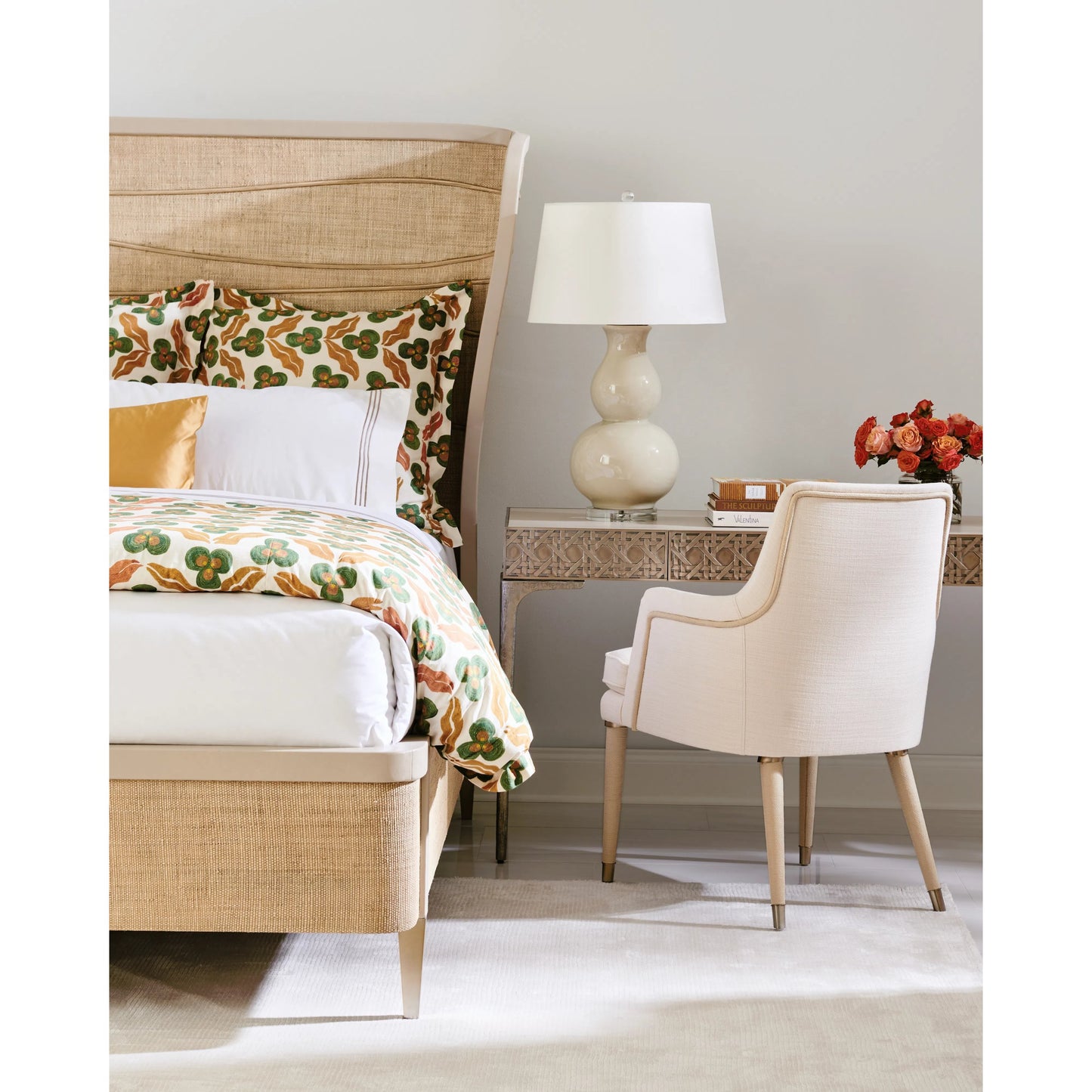 005 SI-2186256 | Lifestyle | Water Shoal Linen & Grasscloth Host Chair by Jonathan Charles in grasscloth, performance linen. Made from hardwood solids, foam, fabric, grass cloth, brass in a transitional style.