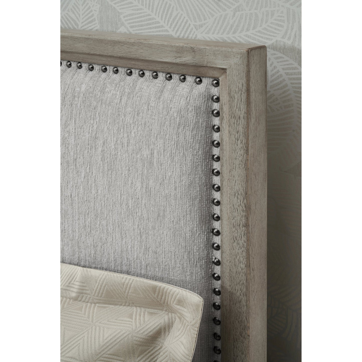 003 SI-2130655,SI-2130656 | Closeup | Zest Upholstered Bed with Nailhead Trim by Zest in greige. Made from rubberwood, oak veneer, fabric in a modern style.