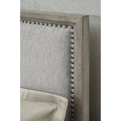 Zest Upholstered Bed with Nailhead Trim by Zest in greige. Made from rubberwood, oak veneer, fabric in a modern style.