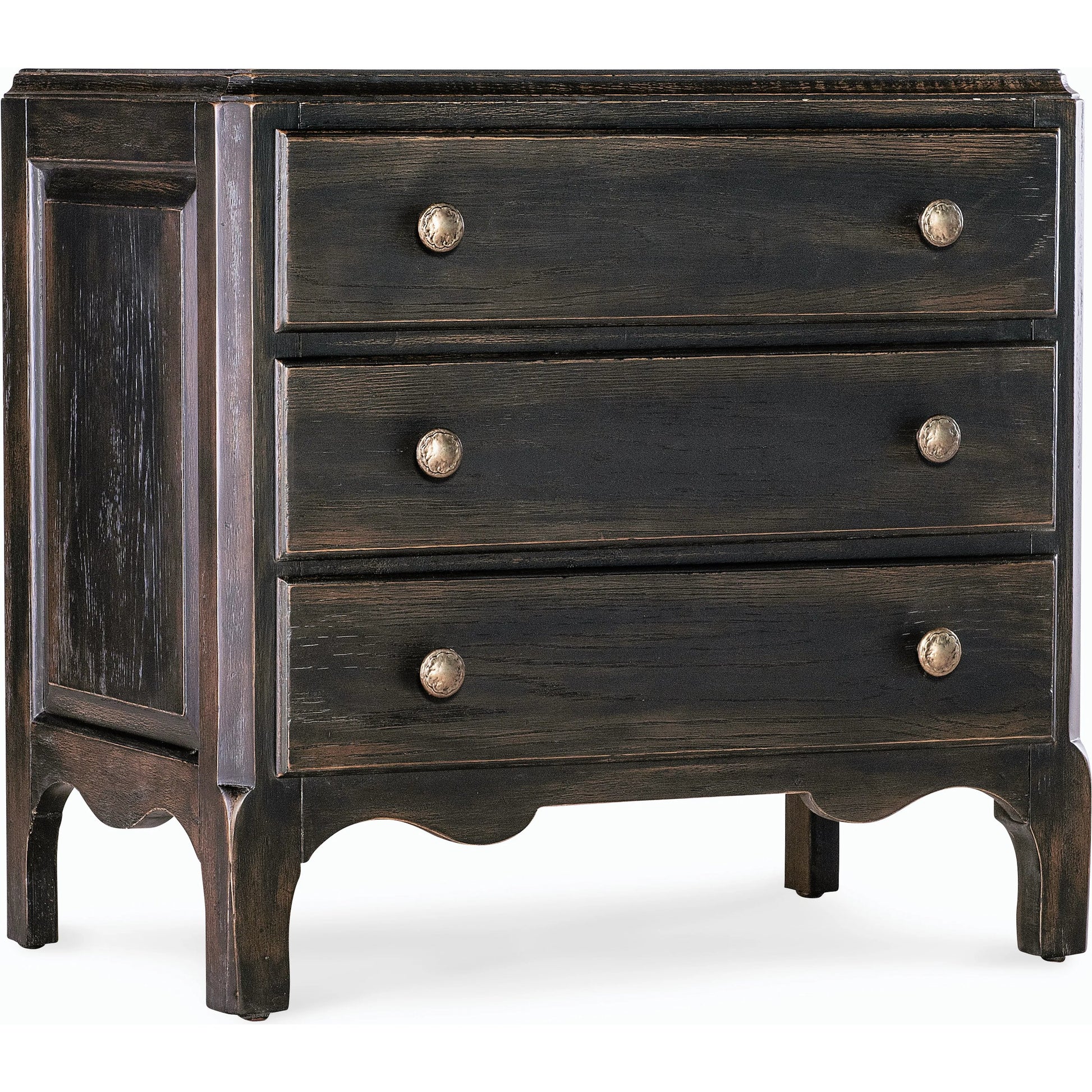 Americana Scalloped Three-Drawer Nightstand by Hooker Furniture. Made from oak veneers with solid-wood edge top in a modern style.
