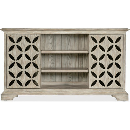 Commerce & Market Underhill Entertainment Console by Hooker Furniture in light wood and light gray finish. Made from oak veneers in a modern style.