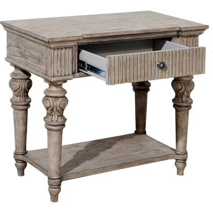 Kingsbury Open Nightstand by Pulaski Furniture in french grey. Made from oak veneers, hardwood solids in a traditional style.