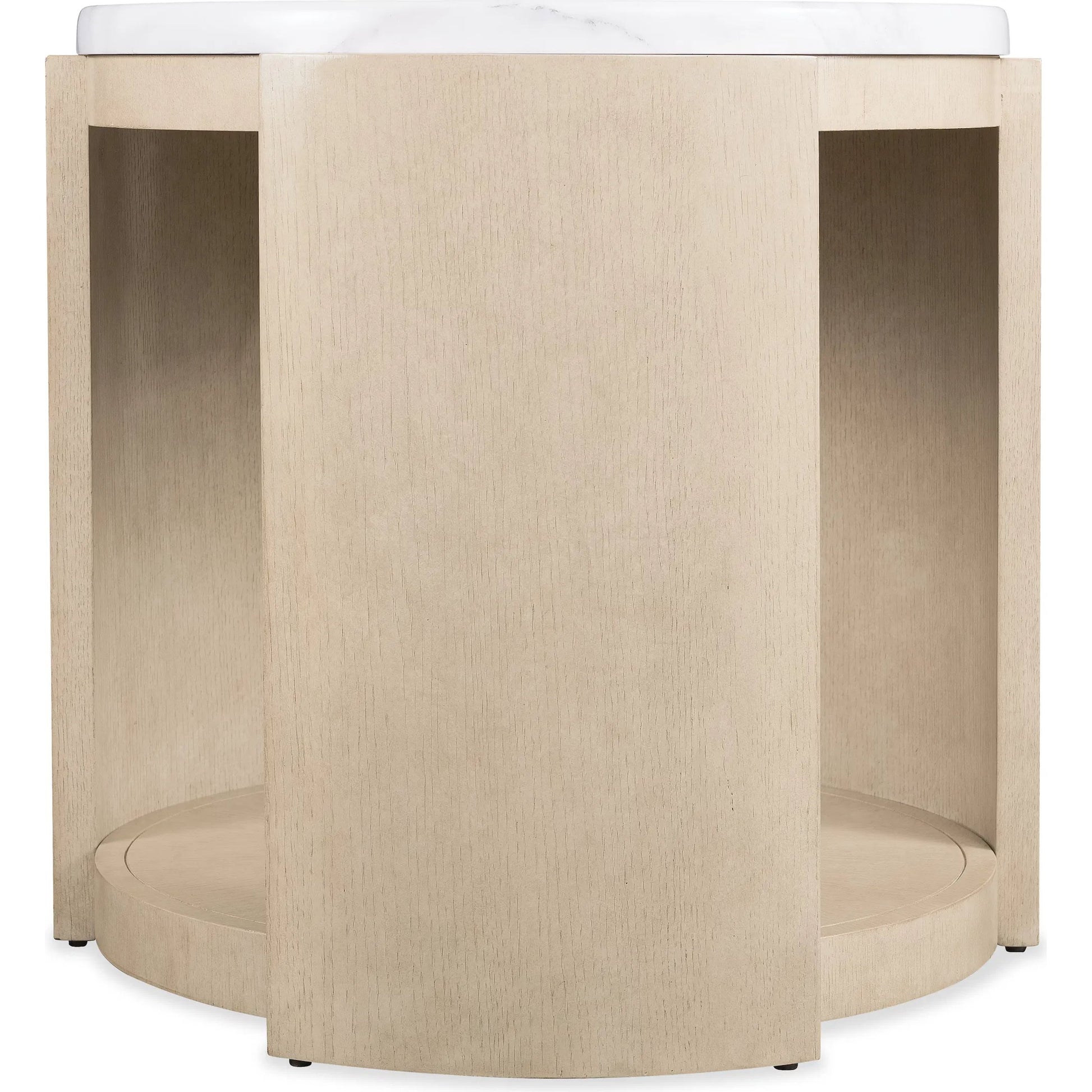 Westwood Round Side Table by Hooker Furniture in polished limestone, quartered oak veneers. Made from glass reinforced concrete, oak veneers, leather, brown leather exterior in a transitional style.