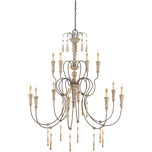 Hannah Chandelier by Currey and Company in stockholm white, rust. Made from wrought iron, wood in a traditional style.