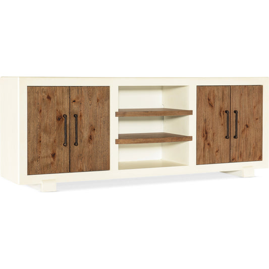 Big Sky Tahoe Entertainment Console by Hooker Furniture in avalanche white, vintage natural. Made from maple, pecky hickory veneers, solid-wood edged top in a modern style.