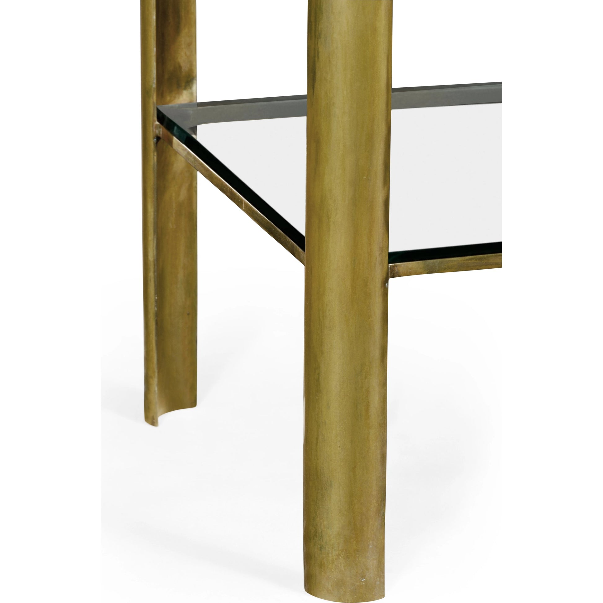 Cosmo Brass & Glass End Table by Jonathan Charles in gold and light antique brass. Made from brass in a transitional style.
