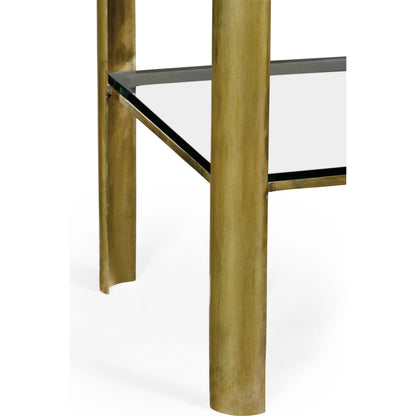 Cosmo Brass & Glass End Table by Jonathan Charles in gold and light antique brass. Made from brass in a transitional style.