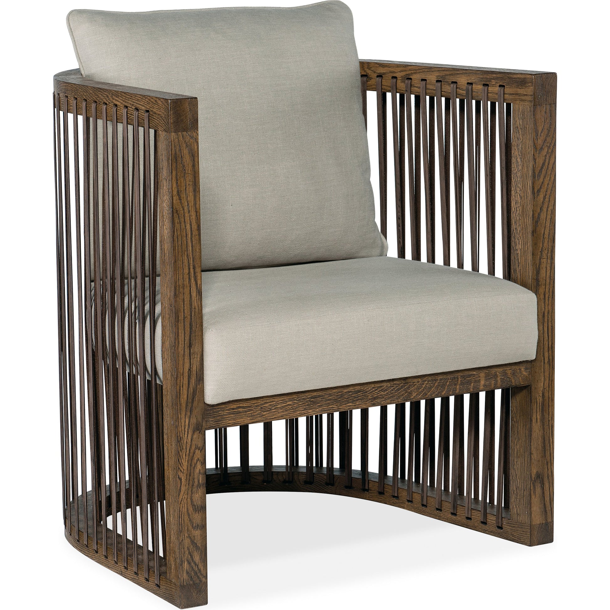 Wilde Club Chair by Hooker Furniture in beige and dark wood, beige. Made from fabric, leather strapping in a transitional style.