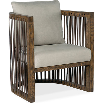 Wilde Club Chair by Hooker Furniture in beige and dark wood, beige. Made from fabric, leather strapping in a transitional style.