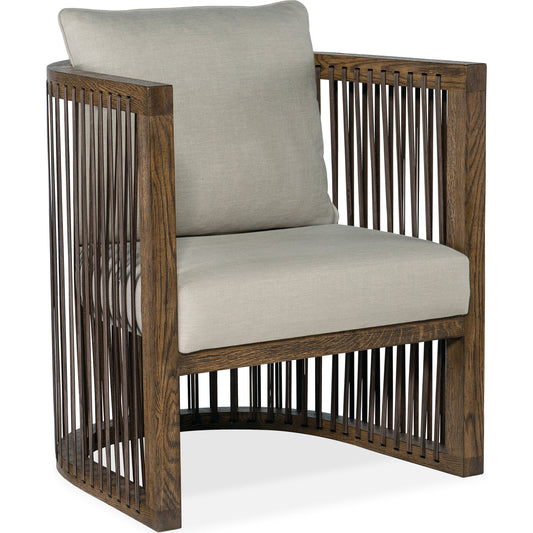 Wilde Club Chair by Hooker Furniture in beige and dark wood, beige. Made from fabric, leather strapping in a transitional style.