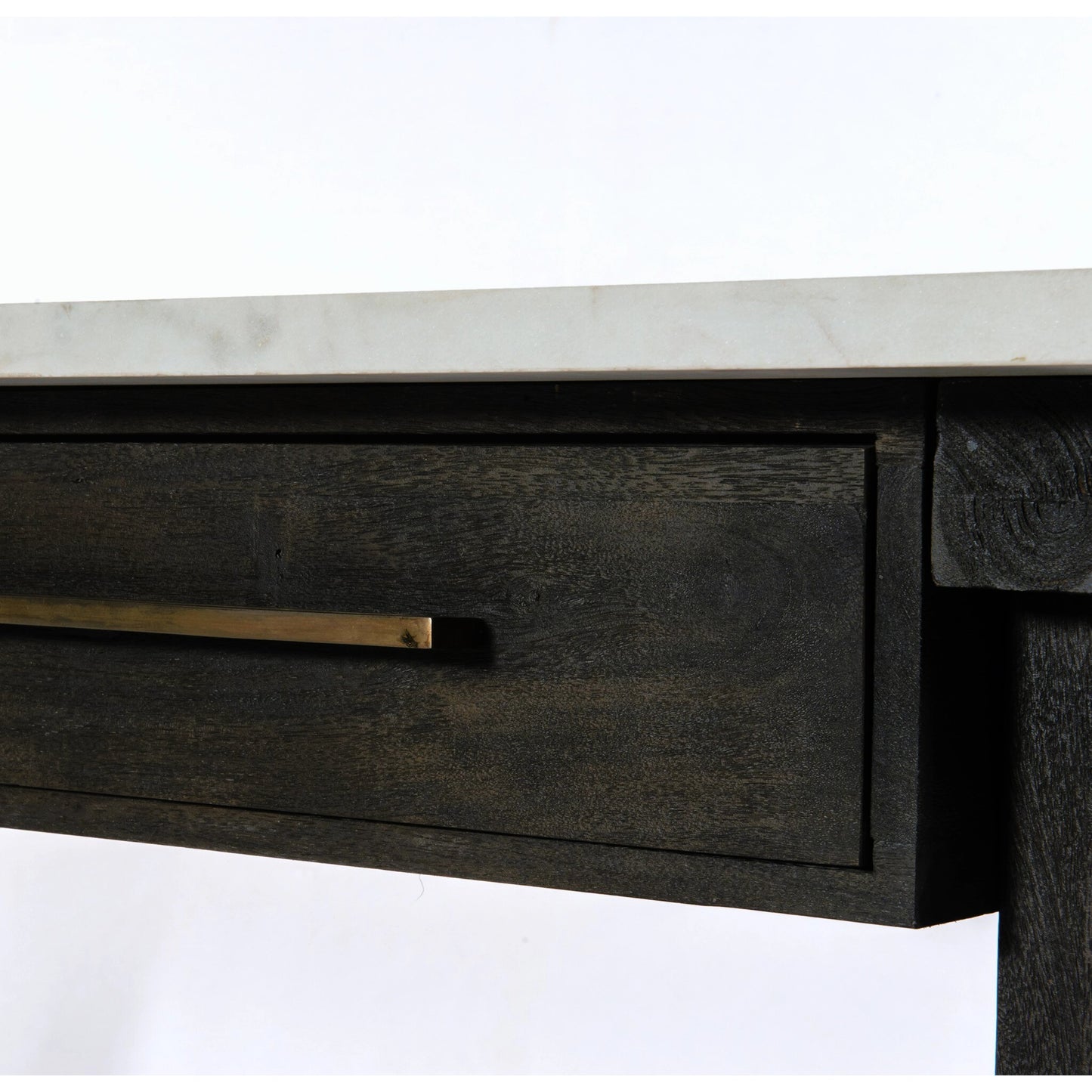 015 SI-1714772 | Closeup | Cayson Bar Table by Four Hands in dark anthracite, polished white marble. Made from solid marble, solid acacia in a cottage & farmhouse style.