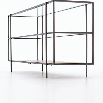 Byron Media Console by Four Hands in aged brown, dark iron, tempered glass. Made from iron, tempered glass, solid mango in a modern style.