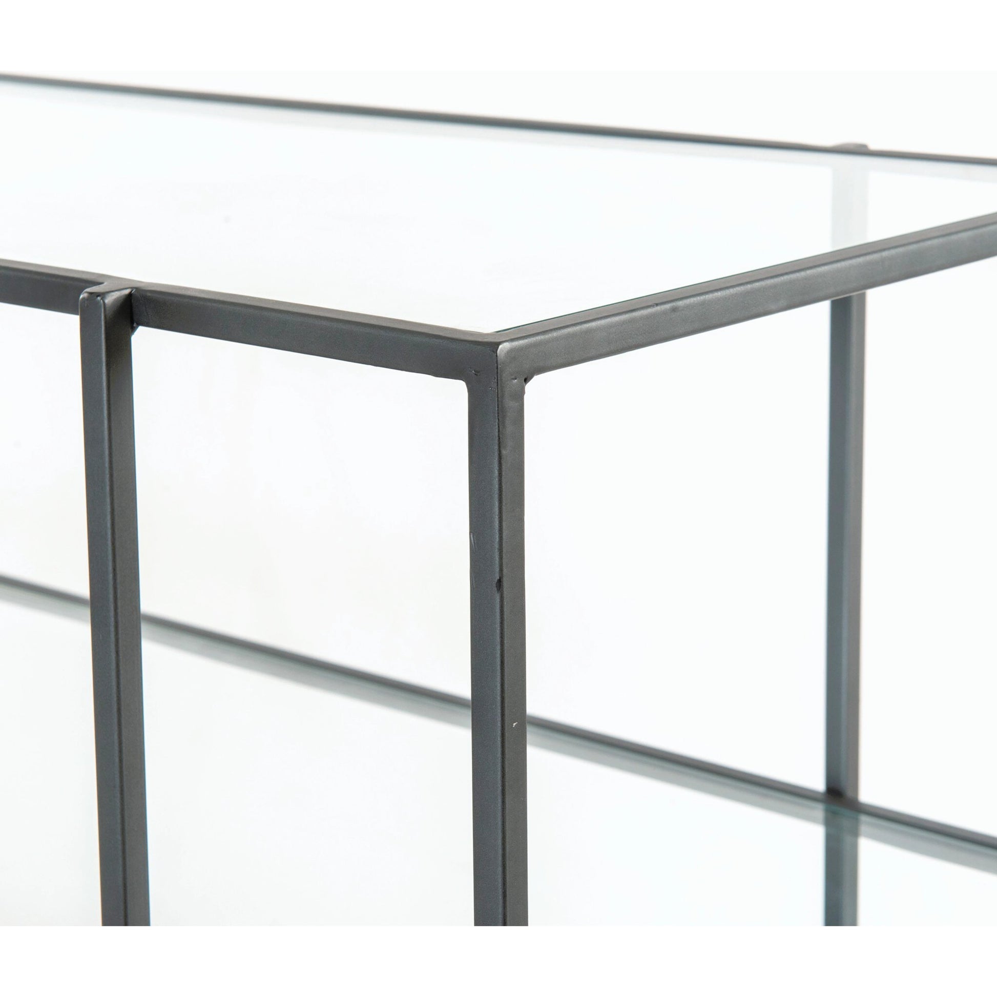 Byron Media Console by Four Hands in aged brown, dark iron, tempered glass. Made from iron, tempered glass, solid mango in a modern style.