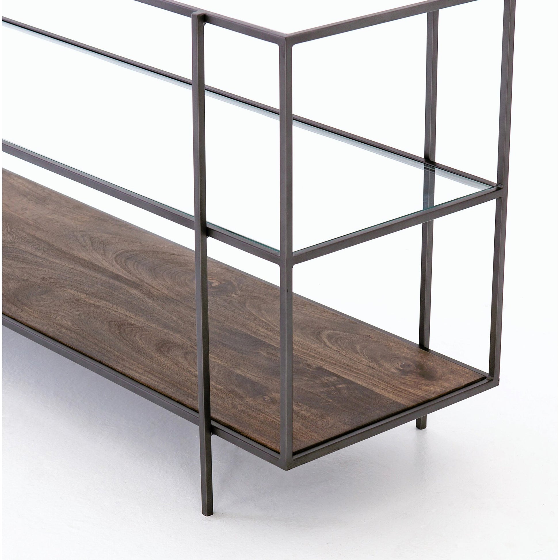 Byron Media Console by Four Hands in aged brown, dark iron, tempered glass. Made from iron, tempered glass, solid mango in a modern style.