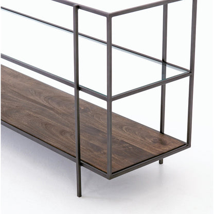 Byron Media Console by Four Hands in aged brown, dark iron, tempered glass. Made from iron, tempered glass, solid mango in a modern style.