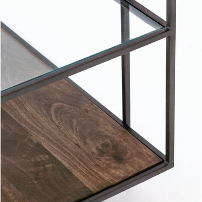 Byron Media Console by Four Hands in aged brown, dark iron, tempered glass. Made from iron, tempered glass, solid mango in a modern style.