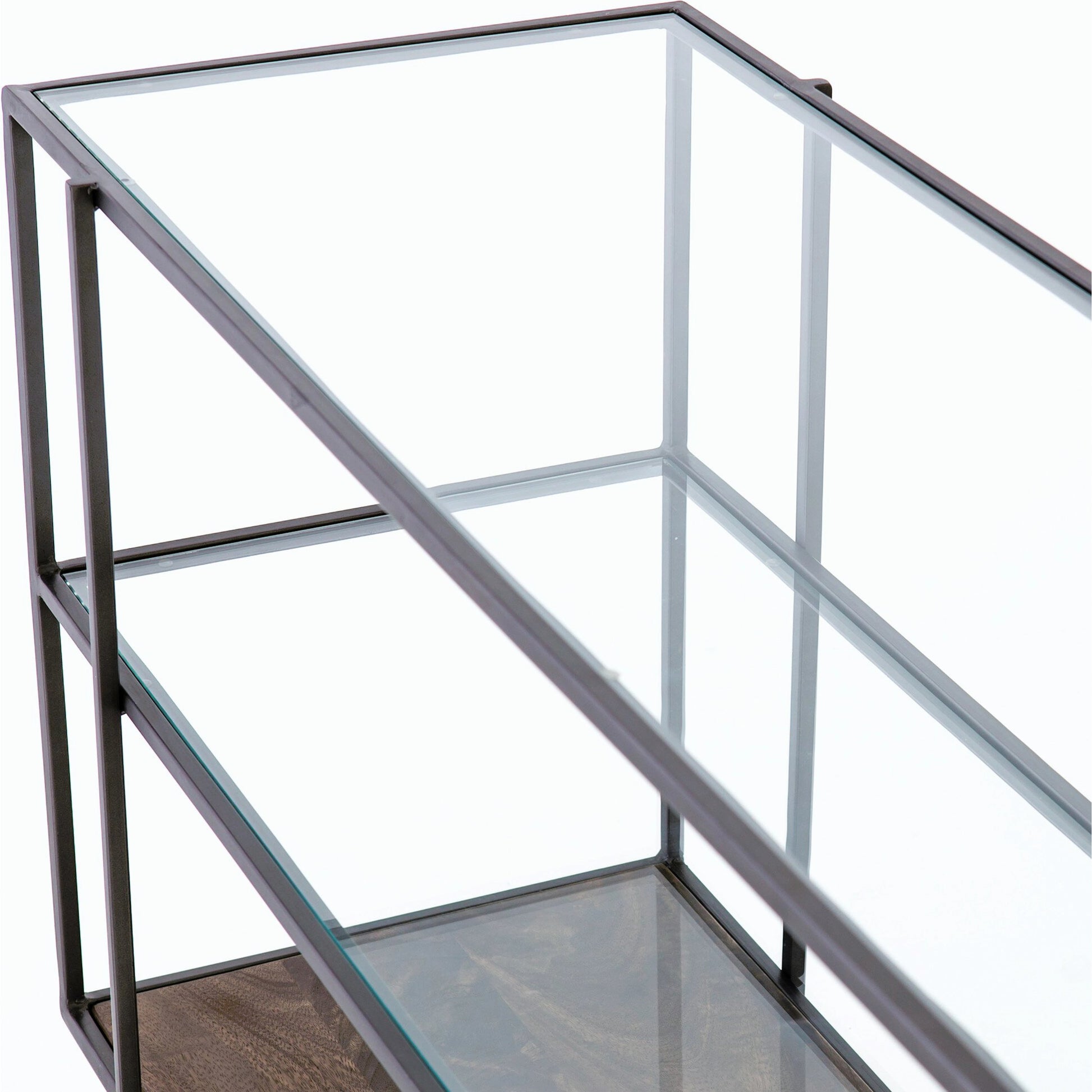 Byron Media Console by Four Hands in aged brown, dark iron, tempered glass. Made from iron, tempered glass, solid mango in a modern style.