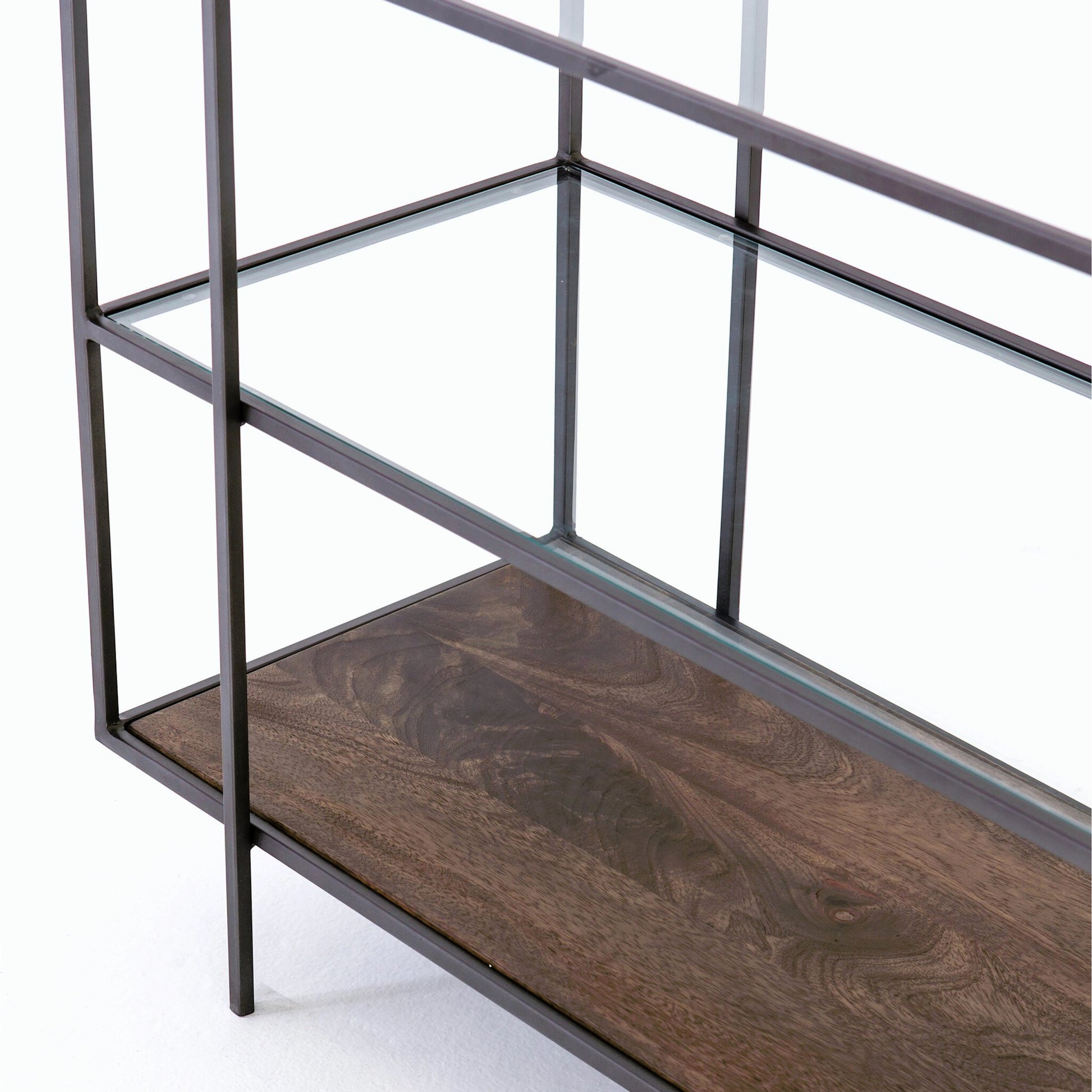 Byron Media Console by Four Hands in aged brown, dark iron, tempered glass. Made from iron, tempered glass, solid mango in a modern style.